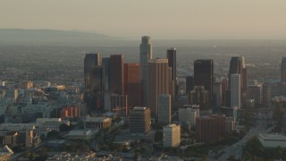 HD stock footage aerial video Downtown Los Angeles skyscrapers at sunset in California Aerial Stock Footage | HDA06_19