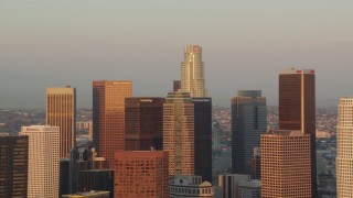 HD stock footage aerial video group of Downtown Los Angeles skyscrapers at sunset, California Aerial Stock Footage | HDA06_39