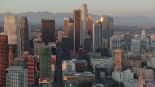 HD stock footage aerial video Downtown Los Angeles skyscrapers and high-rises at sunset in California Aerial Stock Footage | HDA06_47