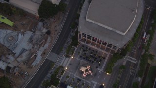 HD stock footage aerial video bird's eye view of fountain, tilt to reveal skyscrapers at twilight, Downtown Los Angeles, California Aerial Stock Footage | HDA06_74