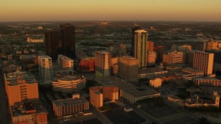 HD stock footage aerial video of flying by tall skyscrapers at sunset in Downtown Fort Worth, Texas Aerial Stock Footage | HDA12_002