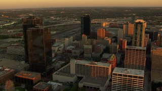 HD stock footage aerial video of skyscrapers at sunset in Downtown Fort Worth, Texas Aerial Stock Footage | HDA12_003