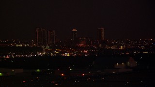 HD stock footage aerial video of the Downtown Fort Worth skyline at night, Texas Aerial Stock Footage | HDA12_188