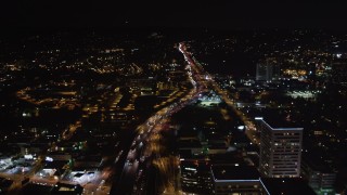 LD01_0048 - 5K aerial stock footage of the 405 freeway at night in West Los Angeles, California