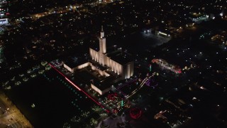 5K aerial stock footage video of an orbit of Los Angeles California Temple, Westwood, California, at night Aerial Stock Footage | LD01_0052