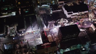 LD01_0073 - 5K aerial stock footage of Grauman's Chinese and Kodak Theaters at night in Hollywood, California