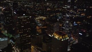 5K aerial stock footage flying by 110 to reveal skyscrapers at night Downtown Los Angeles, California Aerial Stock Footage | LD01_0084