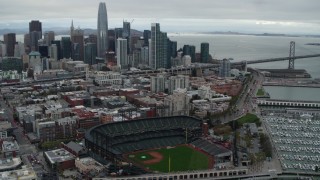 5.7K stock footage aerial video of AT&T Park, with city skyline in background, Downtown San Francisco, California Aerial Stock Footage | PP0002_000014