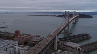 5.7K stock footage aerial video pan from Bay Bridge to reveal skyscrapers in South of Market and Downtown San Francisco, California Aerial Stock Footage | PP0002_000021