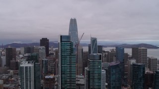 5.7K stock footage aerial video of Salesforce Tower behind two skyscrapers in South of Market, Downtown San Francisco, California Aerial Stock Footage | PP0002_000023