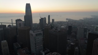 5.7K stock footage aerial video of the top of Salesforce Tower at sunrise in Downtown San Francisco, California Aerial Stock Footage | PP0002_000050