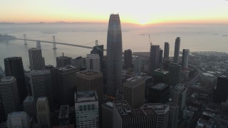 5.7K stock footage aerial video fly away from Salesforce Tower at sunrise in Downtown San Francisco, California Aerial Stock Footage | PP0002_000057