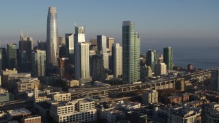 PP0002_000088 - 5.7K stock footage aerial video of a reverse view of the city's skyline, Downtown San Francisco, California