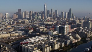 5.7K stock footage aerial video of a reverse view of the city's skyline, Downtown San Francisco, California Aerial Stock Footage | PP0002_000093