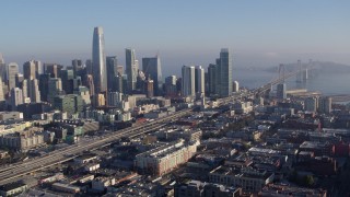 5.7K stock footage aerial video of a view of I-80 freeway to Bay Bridge near skyline, Downtown San Francisco, California Aerial Stock Footage | PP0002_000103