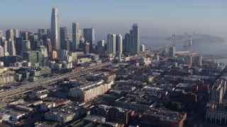 5.7K stock footage aerial video pan from I-80 freeway and Bay Bridge near skyline, reveal AT&T Park, Downtown San Francisco, California Aerial Stock Footage | PP0002_000104