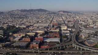 5.7K stock footage aerial video view across the expanse of the city from freeway interchange, South of Market, San Francisco, California Aerial Stock Footage | PP0002_000112