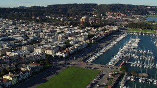 PP0002_000136 - 5.7K stock footage aerial video descend and approach apartment buildings near Palace of Fine Arts, Marina District, California