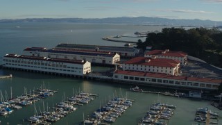 5.7K stock footage aerial video pan from Alcatraz to Fort Mason piers and the city skyline, San Francisco, California Aerial Stock Footage | PP0002_000148