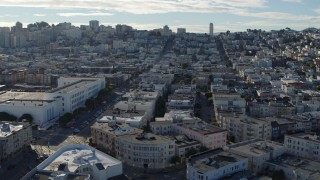 PP0002_000155 - 5.7K stock footage aerial video passing apartment buildings in the Marina District, reveal a school, San Francisco, California