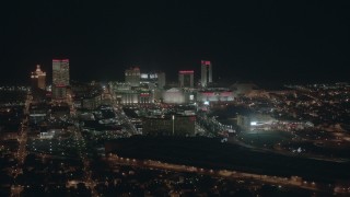 PP003_012 - HD stock footage aerial video of large hotels and casinos at night, Atlantic City, New Jersey