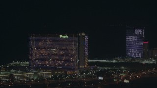 HD stock footage aerial video pan across hotels and casinos at night, Atlantic City, New Jersey Aerial Stock Footage | PP003_033