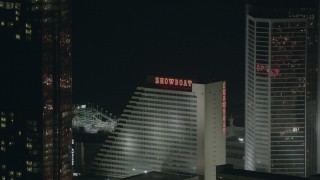 HD stock footage aerial video of Showboat hotel and casino at night in Atlantic City, New Jersey Aerial Stock Footage | PP003_038