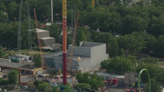 HD stock footage aerial video of orbiting the Parachute Jump Tower ride at Six Flags Great Adventure theme park, Jackson, New Jersey Aerial Stock Footage | PP003_073