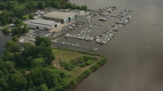 PP003_085 - HD stock footage aerial video of flying over small marines on the river in Delran, New Jersey