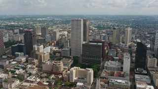 4K aerial stock footage approach and fly over One Shell Square in Downtown New Orleans toward Iberville Projects, Louisiana Aerial Stock Footage | PVED01_115