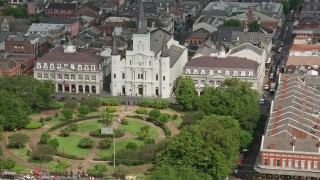 4K aerial stock footage fly over St. Louis Cathedral and Jackson Square in the French Quarter, New Orleans, Louisiana Aerial Stock Footage | PVED01_136