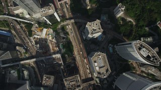 5K stock footage aerial video of bird's eye of light traffic on Queens Way and skyscrapers on Hong Kong Island, China Aerial Stock Footage | SS01_0024