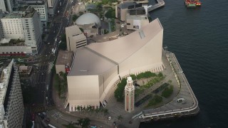 SS01_0049 - 5K stock footage aerial video approach Clock Tower and Hong Kong Cultural Centre in Kowloon, Hong Kong, China