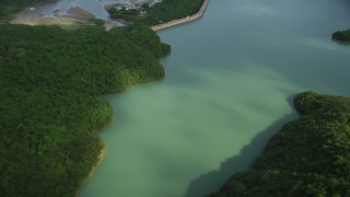 5K stock footage aerial video fly over forest and Tai Tam Reservoir to reveal dam on Hong Kong Island, China Aerial Stock Footage | SS01_0058