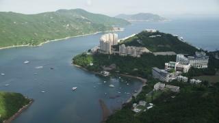 5K stock footage aerial video approach apartment complexes overlooking harbor on Hong Kong Island, China Aerial Stock Footage | SS01_0060