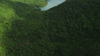 5K stock footage aerial video fly over forest to reveal Tai Tam Reservoir on Hong Kong Island, China Aerial Stock Footage | SS01_0063