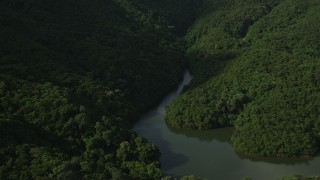 5K stock footage aerial video approach and fly over small reservoir on Hong Kong Island, China Aerial Stock Footage | SS01_0093