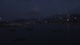 5K stock footage aerial video approach the Hong Kong Island skyline at night in China Aerial Stock Footage | SS01_0126