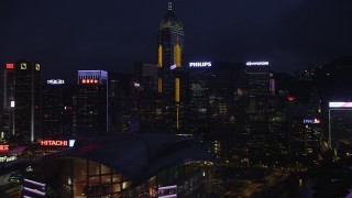 5K stock footage aerial video of Hong Kong Island skyscrapers, office buildings and convention center at night, China Aerial Stock Footage | SS01_0153