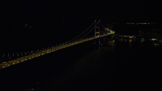 5K stock footage aerial video of flying by the Tsing Ma Bridge in Hong Kong at night, China Aerial Stock Footage | SS01_0243