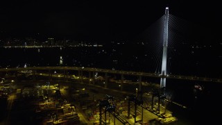 5K stock footage aerial video of panning across part of the Stonecutters Bridge at night, Hong Kong, China Aerial Stock Footage | SS01_0265