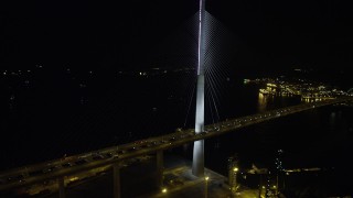 5K stock footage aerial video of orbiting the Stonecutters Bridge at night in Hong Kong, China Aerial Stock Footage | SS01_0266