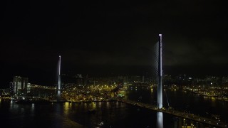 SS01_0268 - 5K stock footage aerial video of flying by the Stonecutters Bridge in Hong Kong, China