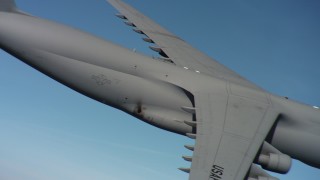 4K stock footage aerial video of panning across the body of a Lockheed C-5 in flight over Northern California Aerial Stock Footage | WAAF01_C062_0117SG