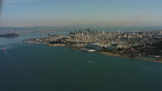 4K stock footage aerial video of a Learjet C-21 flying near Downtown San Francisco, California Aerial Stock Footage | WAAF02_C053_0117T0