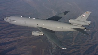 4K stock footage aerial video of a McDonnell Douglas KC-10 raising the refueling boom in Northern California Aerial Stock Footage | WAAF03_C023_0118T3_S000