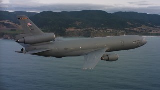 4K stock footage aerial video of a McDonnell Douglas KC-10 in flight near the Northern California coast Aerial Stock Footage | WAAF03_C042_011881